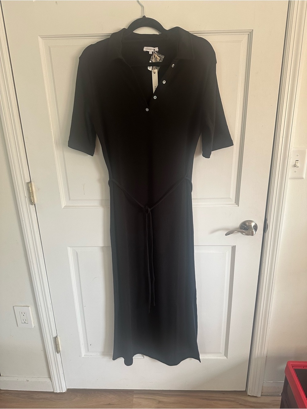 Crescent soft Black Polo Maxi Dress with Waist Tie Large New with tags basics